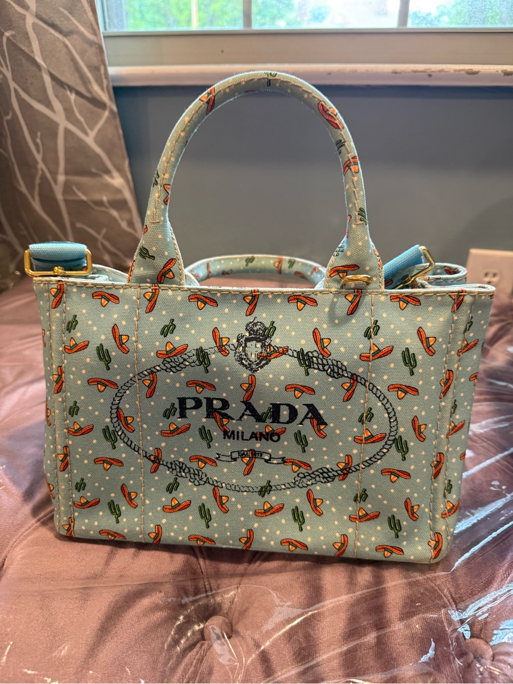 Prada Light Blue Printed Canvas Shoulder Tote with Orange Accents